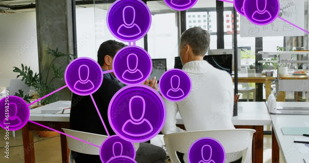 Poster animation of connected icons with lines over diverse coworkers discussing reports in office