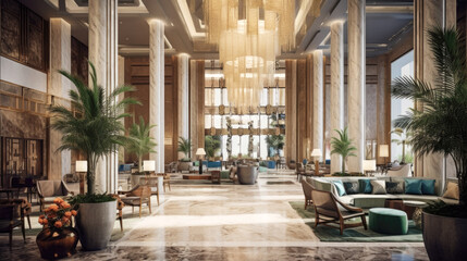 Grand hotel lobby reception space, old style grandeour with marble floors and ornate chandelier AI generated