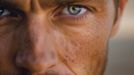 Extreme close up of man's tanned face with intense eyes and stare, face of stories wrinkles and adventures generative AI - 619829038