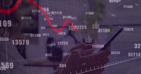 Animation of falling graph over changing numbers, caucasian woman using smartphone - Powered by Adobe