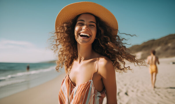 Happy smiling woman on beach holiday, wearing sun dress and hat clear sunny summer day with blue skies AI generated