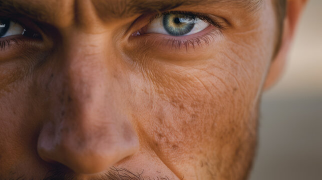 Extreme close up of man's tanned face with intense eyes and stare, face of stories wrinkles and adventures generative AI