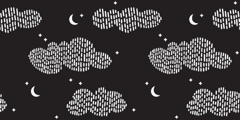 Seamless pattern with hand drawn clouds, moon and stars. Stitch, knitted effect, detailed vector illustration design