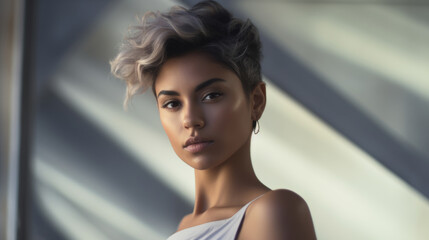 Portrait of beautiful hispanic woman with platinum blond pixie haircut, stylish trendy hairstyle AI generated - 619829203