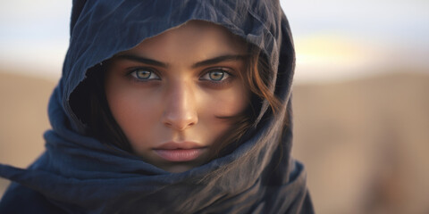 portrait of beautiful middle eastern arabic woman wearing a headscarf in the desert, captivating eyes stare generative AI - obrazy, fototapety, plakaty