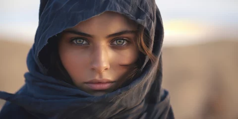 Fotobehang portrait of beautiful middle eastern arabic woman wearing a headscarf in the desert, captivating eyes stare generative AI © Daxiao Productions