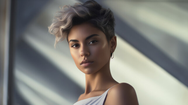 Portrait of beautiful hispanic woman with platinum blond pixie haircut, stylish trendy hairstyle AI generated