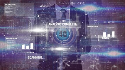 Animation of graphs, texts, mathematical sums ,4g text on hands of caucasian businessman - Powered by Adobe