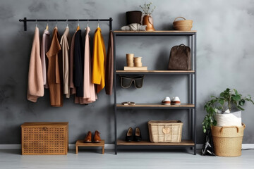 Stylish and bright wardrobe with various clothes, shoes and accessories on a gray wall. Generative AI.