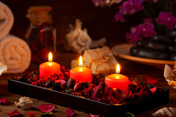 Candles and an intimate atmosphere. SPA accessories.