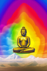 Ascendancy of Spirit: The Golden Buddha and the Rainbow Halo over Tranquil Mountains