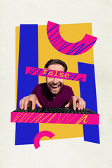 Magazine template collage of excited funky brainwashed guy blogger typing web contents fake news...