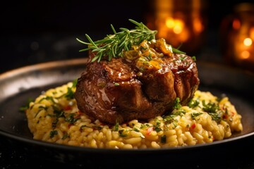 Ossobuco alla Milanese served on a plate with saffron risotto and garnished with gremolata