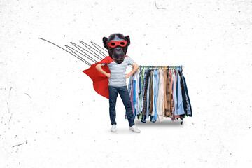 Creative picture collage composite advert promo of head monkey superhero mask flea market second hand shop isolated on white background