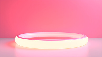 Pink circular podium. pink studio background. Platform for showing product. Empty podium or pedestal display on pink background, Generative AI.