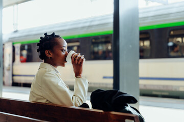 African woman drinking coffee from disposable cup while sitting on bench at railway station and...