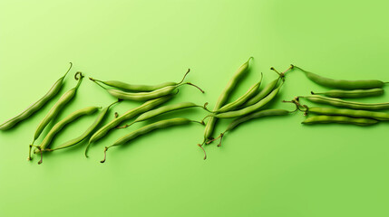 Green beans on colorful background. empty copy space on the side for text. Bright Vibrant colors. Generative AI.