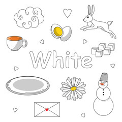 White color. Educational flashcard for kids. Presculus worksheet.