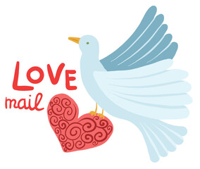 Love mail. White bird with romantic heart letter
