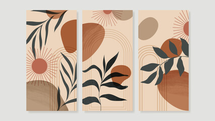 Fototapeta na wymiar Set of abstract foliage wall art vector. Leaves, geometric shape, earth tone color, tropical leaf in hand drawn style. Watercolor wall decoration collection design for interior, poster, cover, banner.