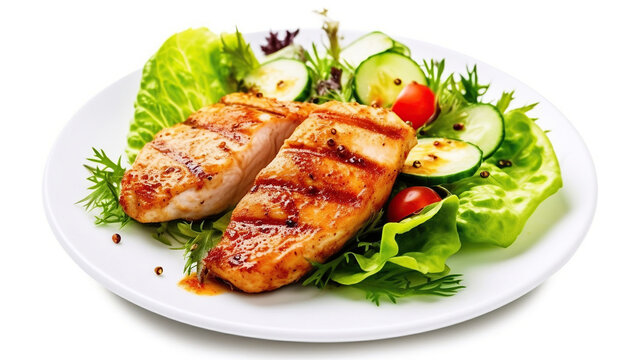 Chicken fillet with salad on white background. Healthy food, diet lunch concept. Top view. Generative AI