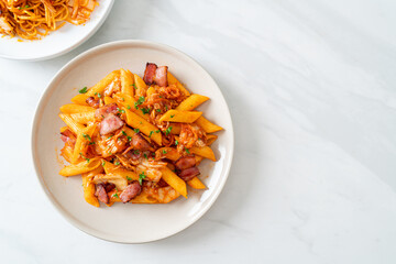 stir-fried penne pasta with kimchi and bacon