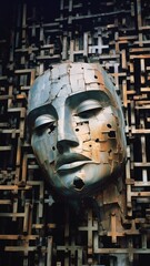 Concrete and welded rusty corroded steel metal sculpture portrait of a human female face, expressive and depressing  post industrial modern decay art - generative AI