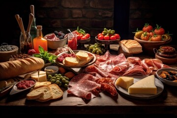 Affettati Misti with an assortment of Italian cold cuts, breadsticks, and garnishes on a rustic table setting
