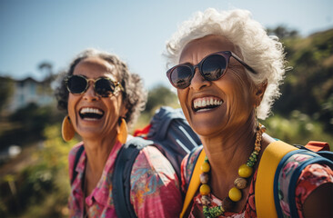 Fun and active seniors women outdoors on a sunny summer day. 