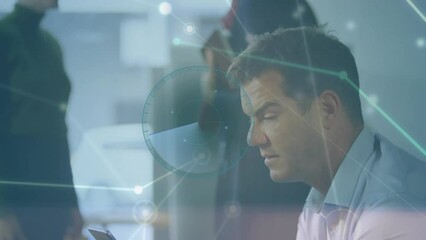 Animation of connected dots and circles, caucasian man looking at partners shaking hands in office - Powered by Adobe