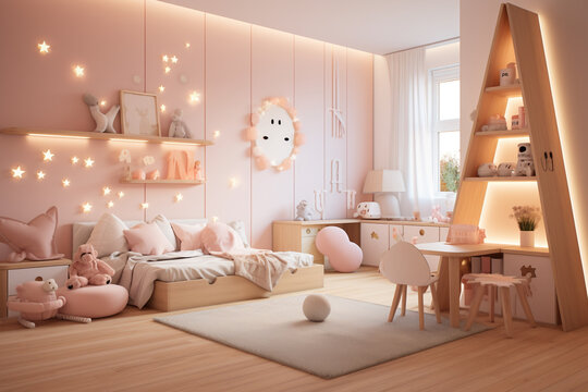 Child room in scandinavian style with natural colors and wooden furniture. Interior of cozy kids bedroom.