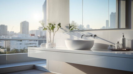 Fototapeta premium a sleek white cabinet with a minimalist design sits below a sink and basin the cabinet is installed in a modern highrise apartment made with AI generative technology