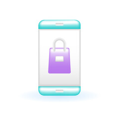 3D Mobile Phone Online Store App Bag Icon. Marketing Online Shopping Concept. Glossy Glass Plastic Pastel Color. Cute Realistic Cartoon Minimal Style. 3D Render Vector Icon UX UI Isolated Illustration