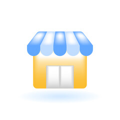 3D Store Retail Shop Pop-up Store Icon. Marketing Online Shopping Concept. Glossy Glass Plastic Pastel Color. Cute Realistic Cartoon Minimal Style. 3D Render Vector Icon UX UI Isolated Illustration