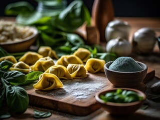 Cappelletti pasta filled with ricotta and spinach on a wooden table