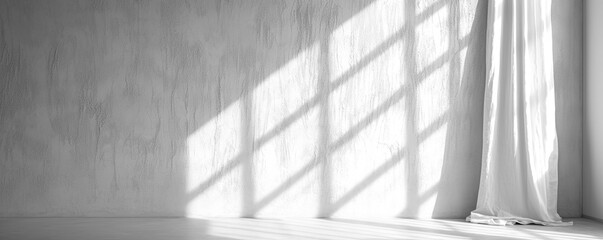 Backlit window with white curtains in empty room. Empty room with white light shadow and floor....