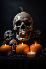 Halloween still life with human skull, candles and pumpkins on black background created with AI 