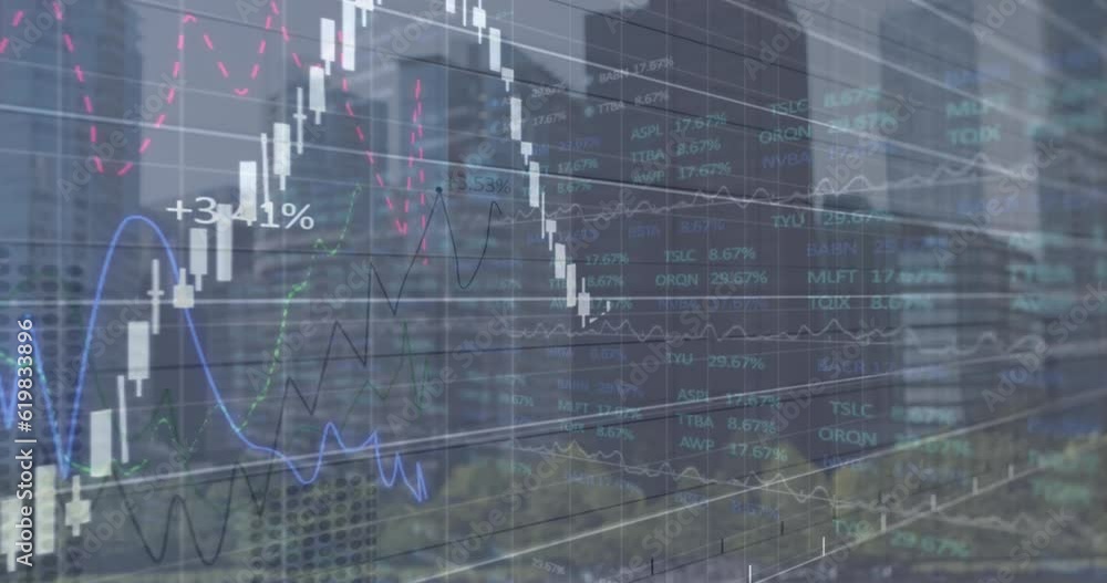 Poster animation of multiple graphs and stock market data over low angle view of modern skyscrapers in city