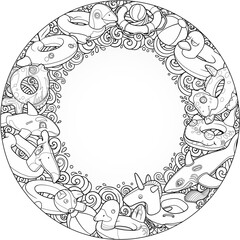 Cartoon cute doodles hand drawn summer beach children's entertainment round illustration.