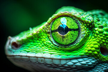 Close up of green chameleon eye. Selective focus