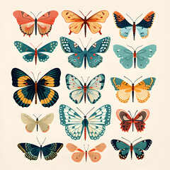Obraz na płótnie Canvas Various beautiful butterflies isolated on background, flat hand drawn illustration, collection of colorful butterflies created with generative AI
