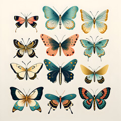 Fototapeta na wymiar Collection of various beautiful butterflies, flat hand drawn illustrations isolated on background, set of colorful insects, art created with generative AI