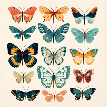 Various beautiful butterflies isolated on background, flat hand drawn illustration, collection of colorful butterflies created with generative AI
