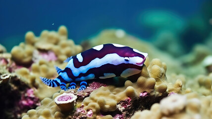 Fototapeta premium Majestic Underwater Dance, Dark Purple and White Nudibranch Gracefully Crawling on a Natural Reef in the Depths of the Blue Sea. Generative AI
