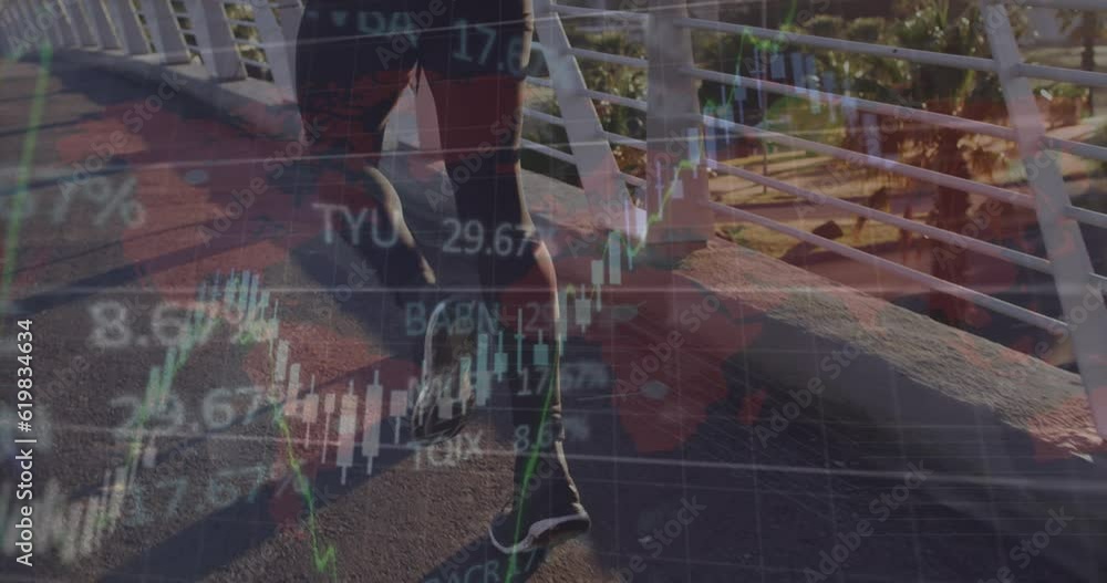 Poster animation of stock market data and graphs over rear view of african american man running on bridge