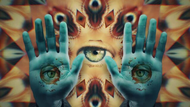 Mystic Palm Hands Eyes Hypnotic Stare Creepy Kaleidoscopic Eyeball Background. Strange hypnotic eyeball on a humanoid palm hands over some strange mandala eyes in the background