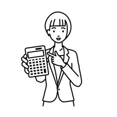 a woman in business suit style recommending, proposing, showing estimates and pointing a calculator with a smile