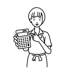 a woman in cafe apron recommending, proposing, showing estimates and pointing a calculator with a smile
