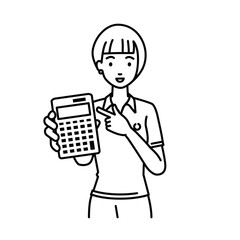 a woman in polo shirt recommending, proposing, showing estimates and pointing a calculator with a smile