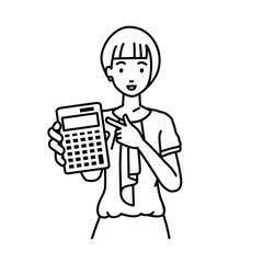 a woman in casual work style recommending, proposing, showing estimates and pointing a calculator with a smile